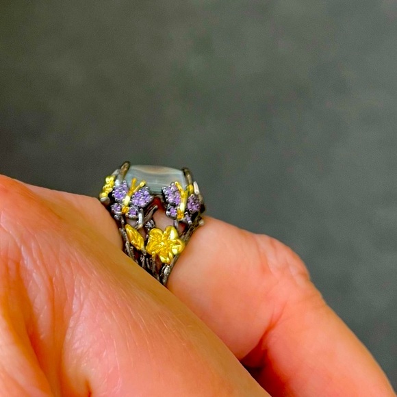 Gold & Black Butterfly Flower Moonstone Ring - Picture 4 of 5